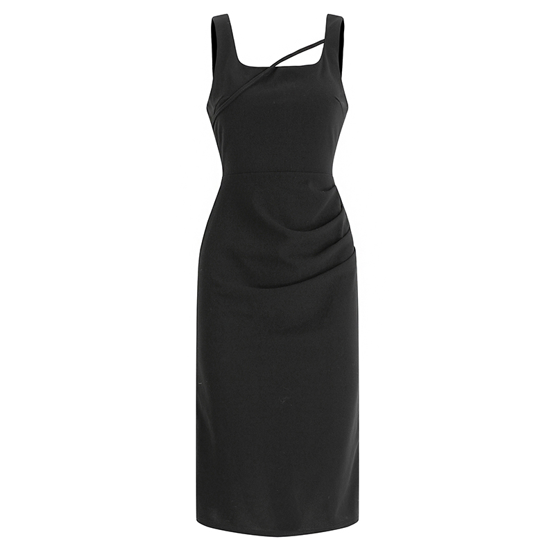 Square collar pinched waist black inside the ride dress