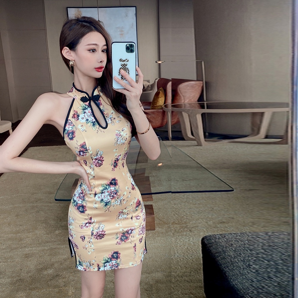 Summer printing sexy dress split retro short cheongsam