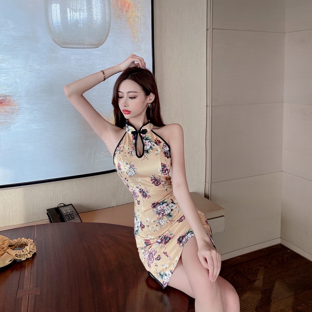 Summer printing sexy dress split retro short cheongsam