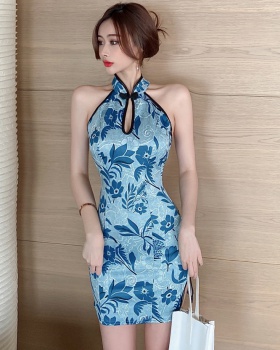 Retro split printing cheongsam sexy short summer dress