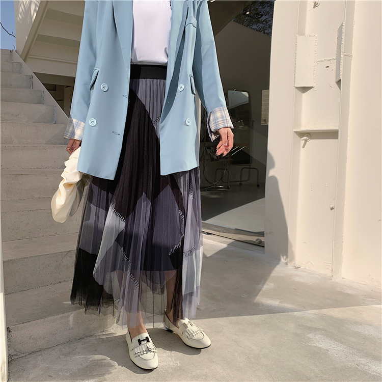 Pleated gauze spring and summer mixed colors retro skirt
