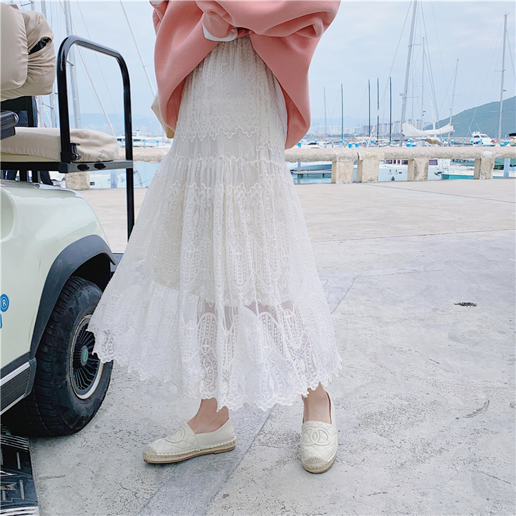 Long embroidery splice hollow lace spring skirt