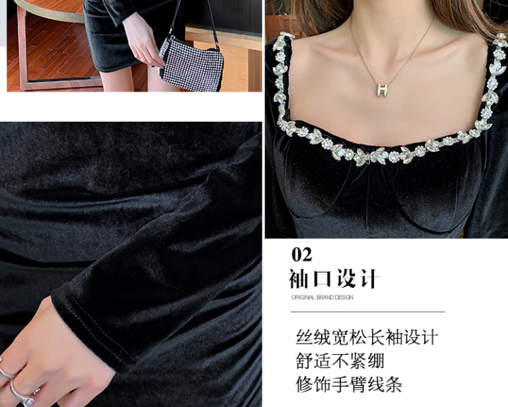 High waist square collar long sleeve rhinestone dress