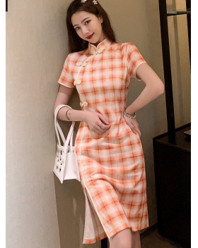 Short sleeve split pinched waist dress plaid retro cheongsam