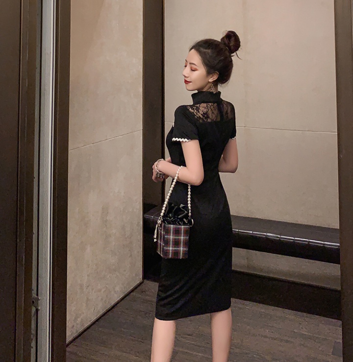 Chinese style splice retro cheongsam slim split long dress