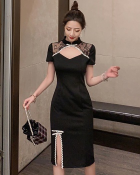 Chinese style splice retro cheongsam slim split long dress