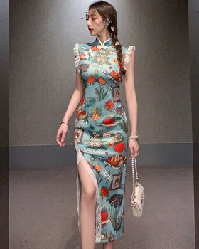 Slim flower maiden retro dress long lace split cheongsam