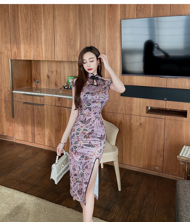 Split strapless dress retro pinched waist cheongsam