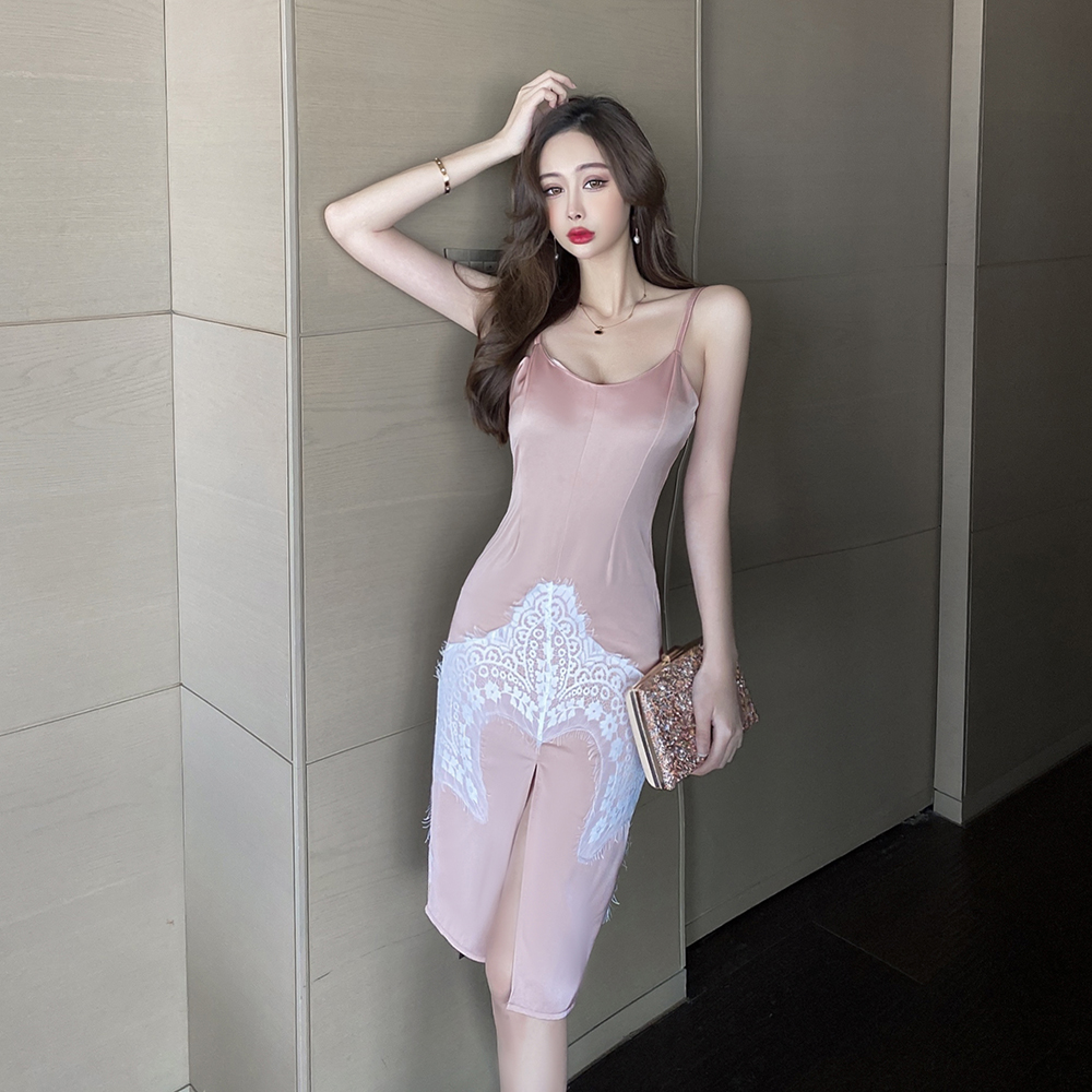 Simple sling slim stitching package hip lace dress