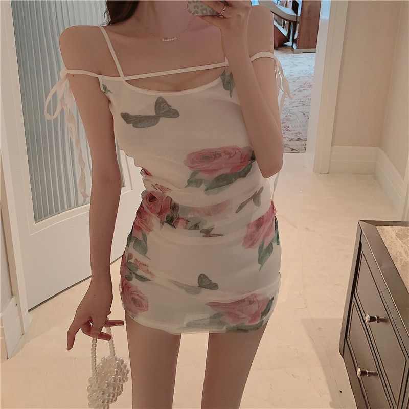 Slim printing sling package hip hollow fold sexy dress