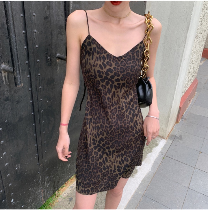 V-neck leopard long dress France style dress for women