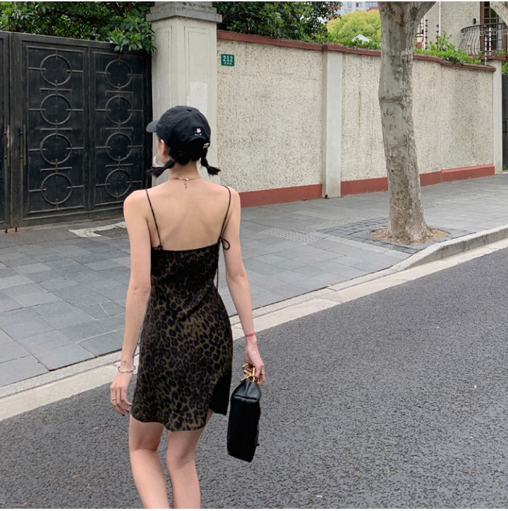 V-neck leopard long dress France style dress for women