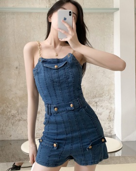 Lady wrapped chest denim jumpsuit sexy slim shorts