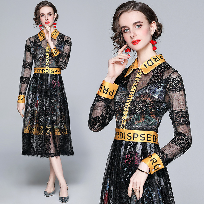 Splice spring printing European style long lace lapel dress