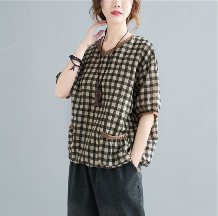 V-neck cotton linen tops short sleeve shirts for women