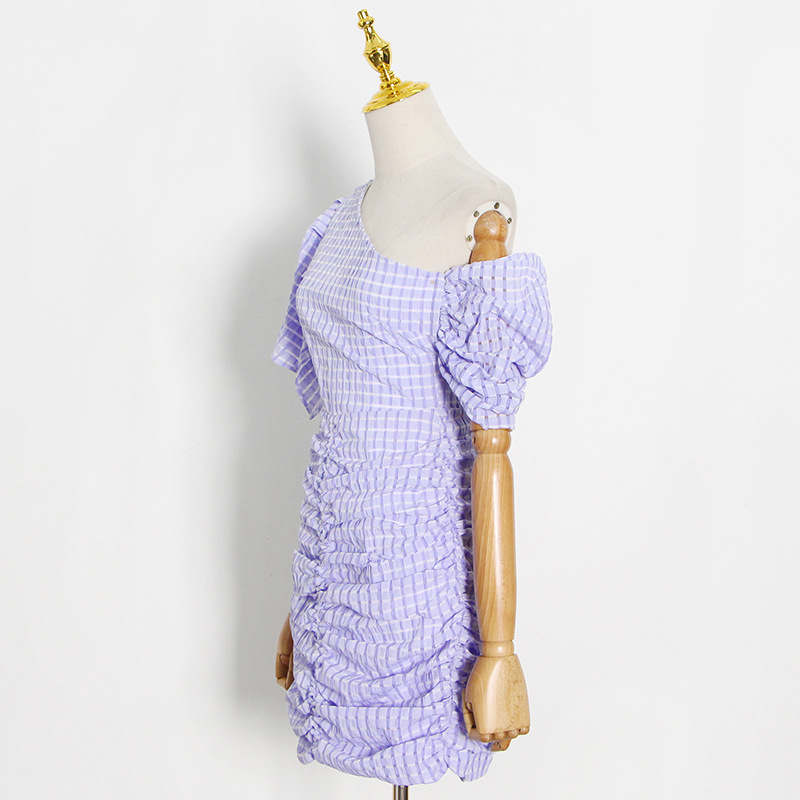Summer package hip plaid colors sloping shoulder dress