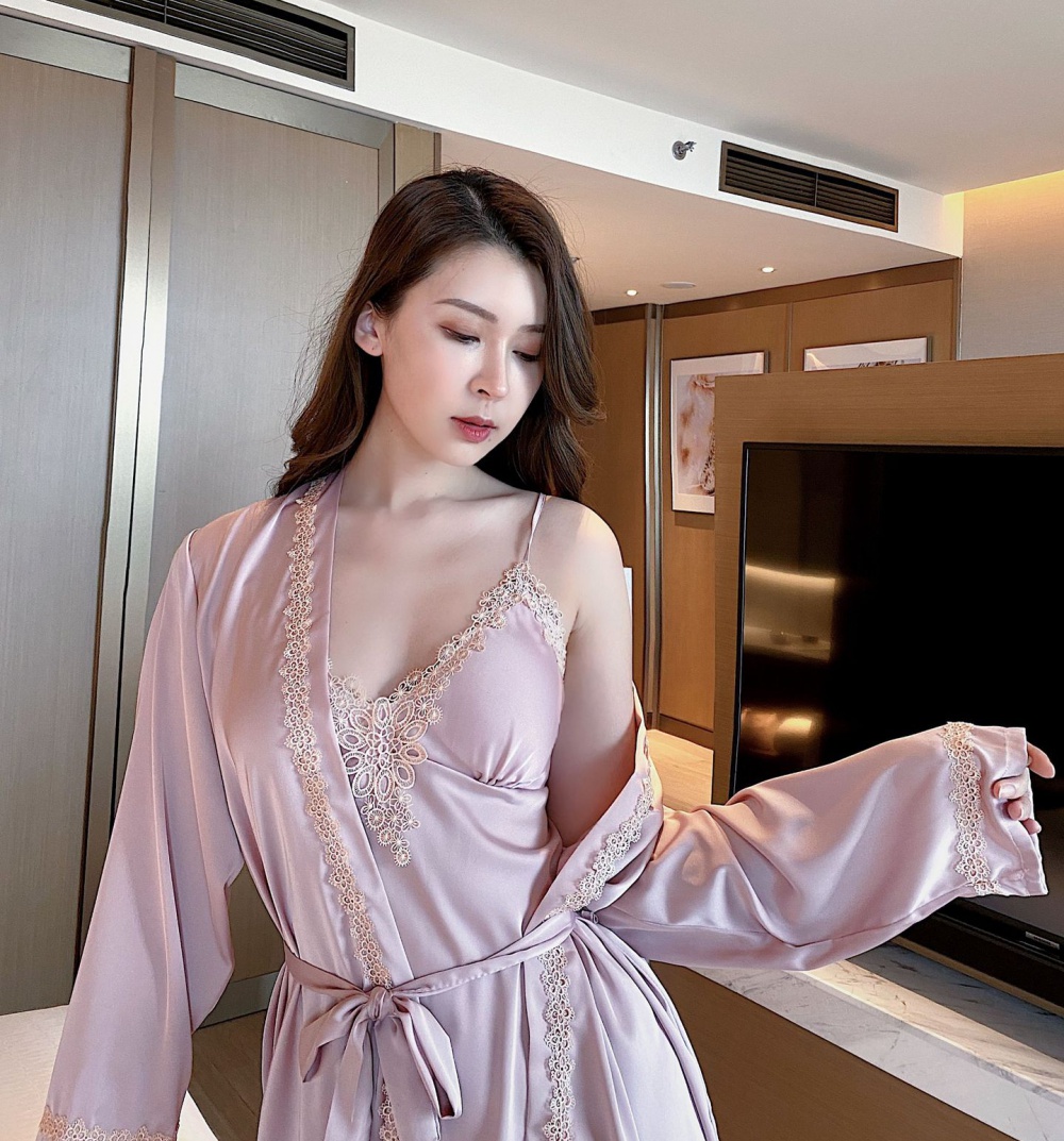 Sexy nightgown ice silk night dress 2pcs set for women