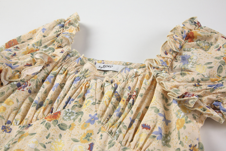 Printing tender long dress puff sleeve floral dress