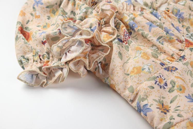 Printing tender long dress puff sleeve floral dress