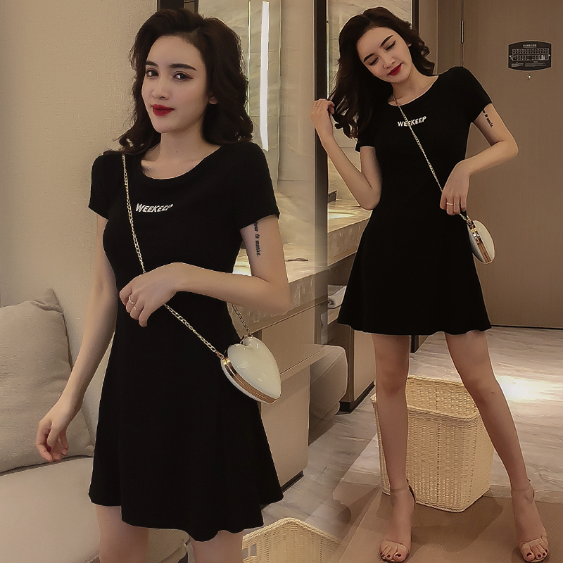 Letters slim pinched waist round neck dress for women