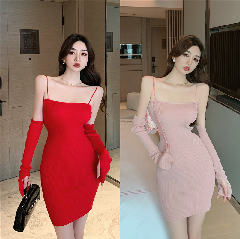 Slim personality sleeve sexy all-match package hip dress