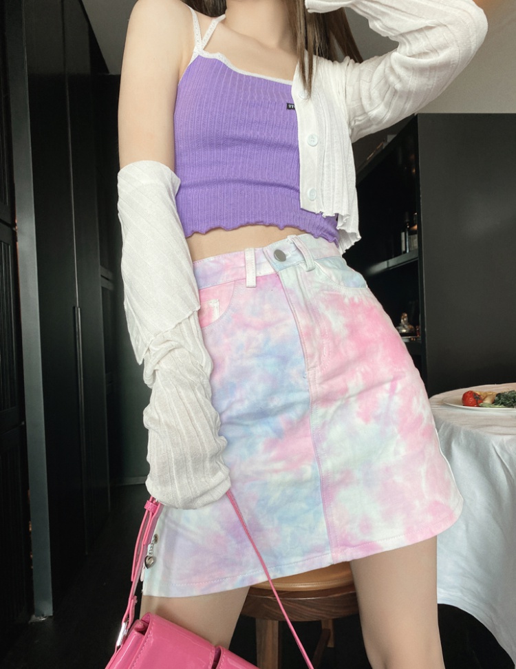 Tie dye denim skirt high waist short skirt