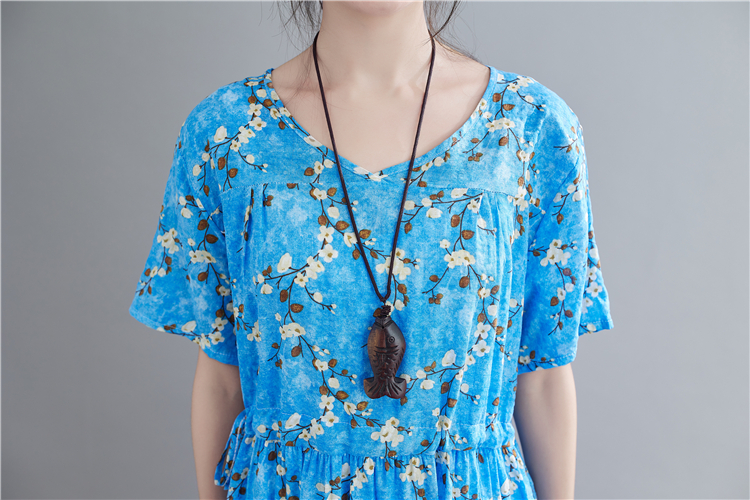 Summer printing drawstring V-neck slim dress for women