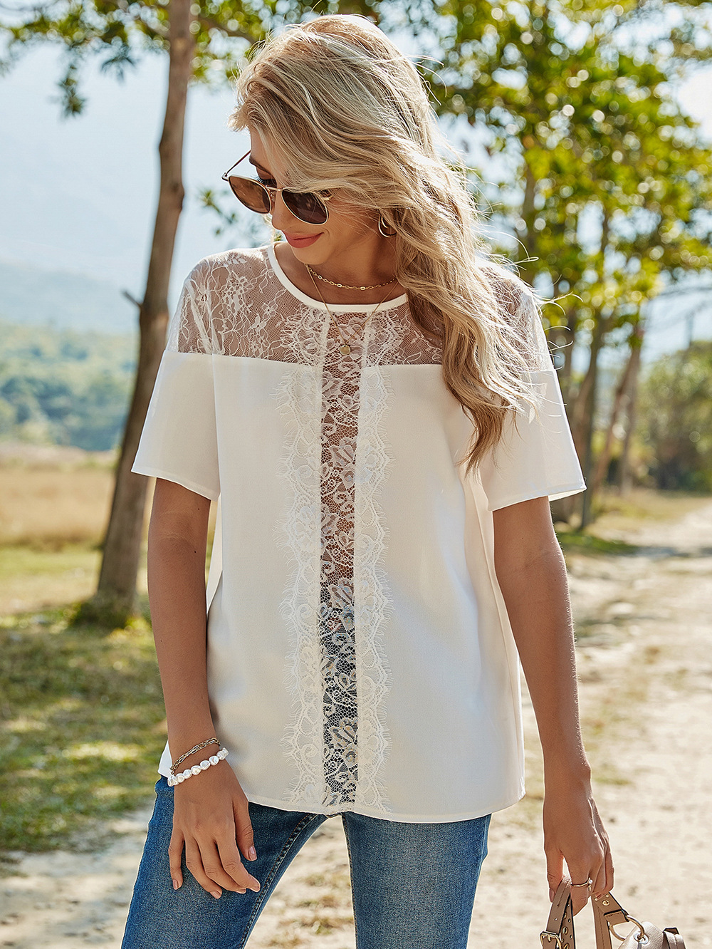 Casual splice T-shirt European style lace tops for women