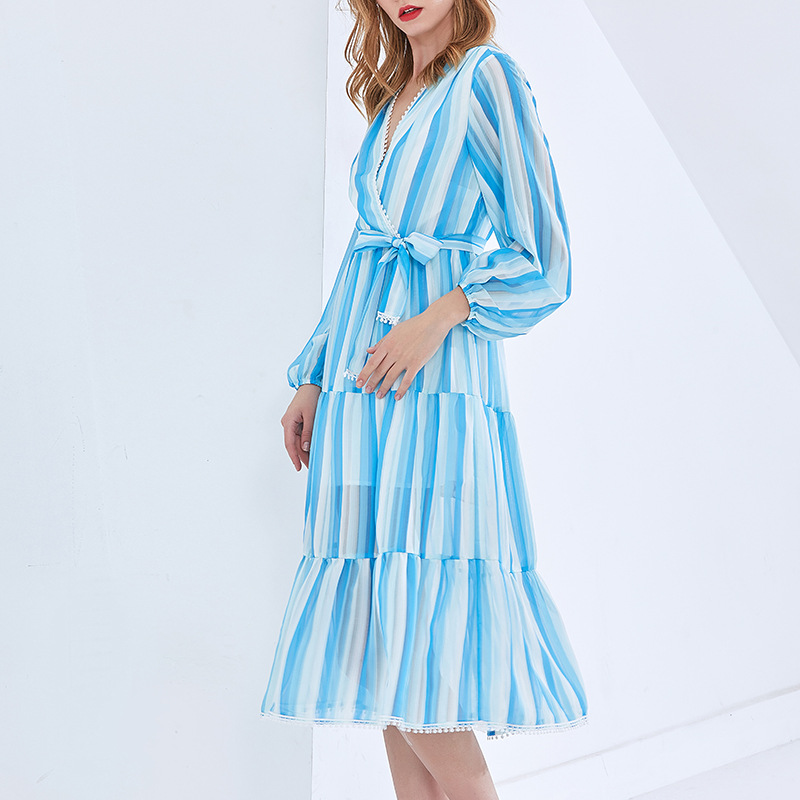 V-neck blue summer big skirt frenum long dress