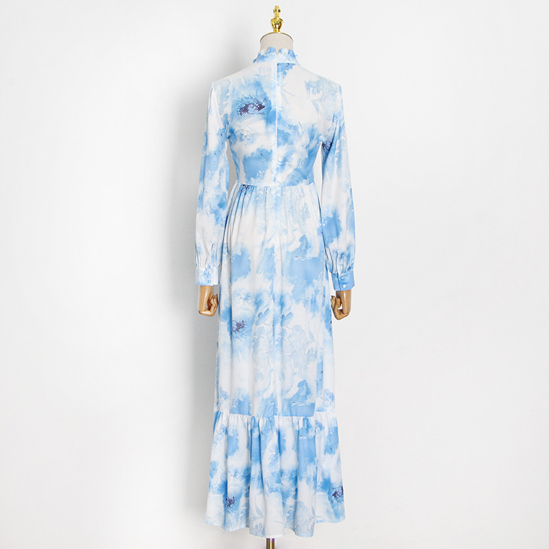 Long blue chiffon lotus leaf edges printing painted dress