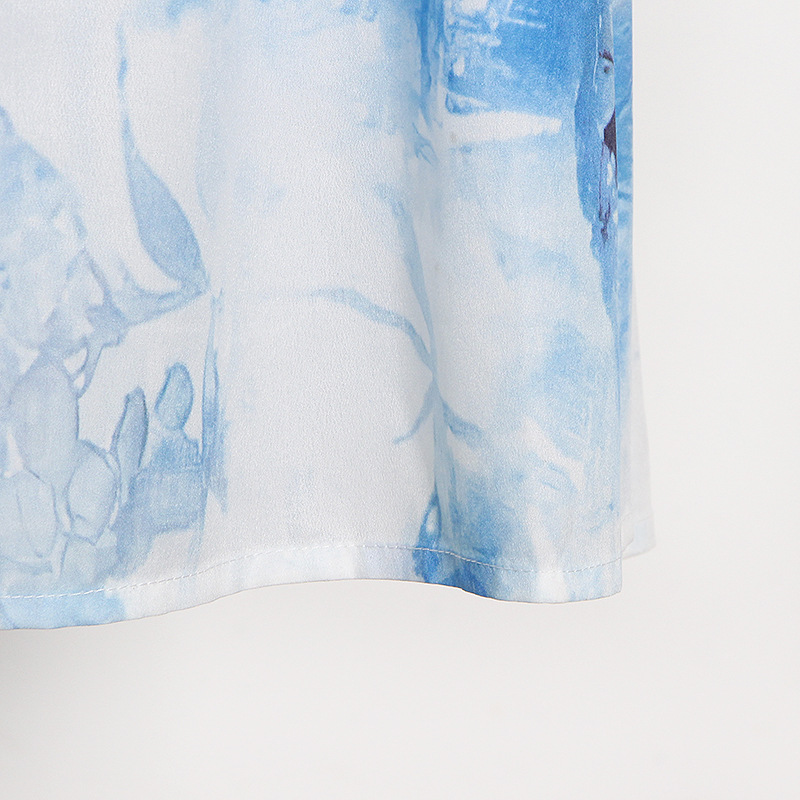 Long blue chiffon lotus leaf edges printing painted dress