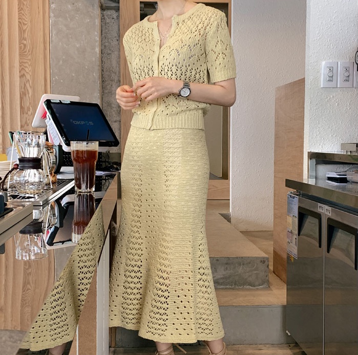 Short sleeve hollow cardigan long skirt 2pcs set for women