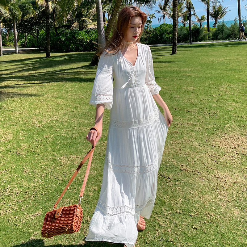 White beautiful beach dress vacation lady long dress