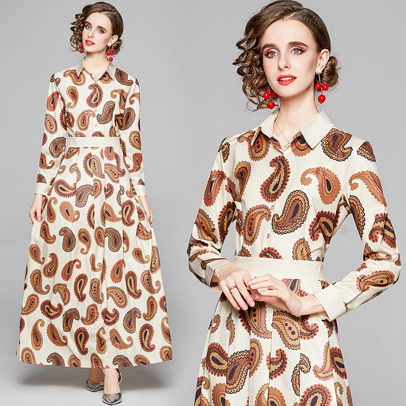 All-match pinched waist slim European style printing dress