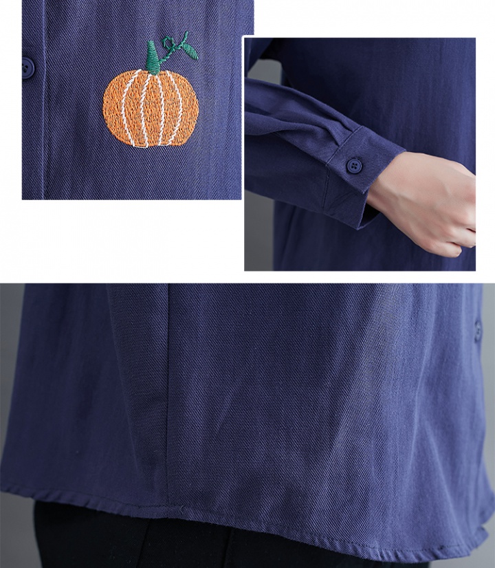 Loose spring cotton linen embroidery pumpkin long sleeve shirt