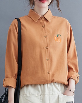 Loose spring cotton linen embroidery pumpkin long sleeve shirt