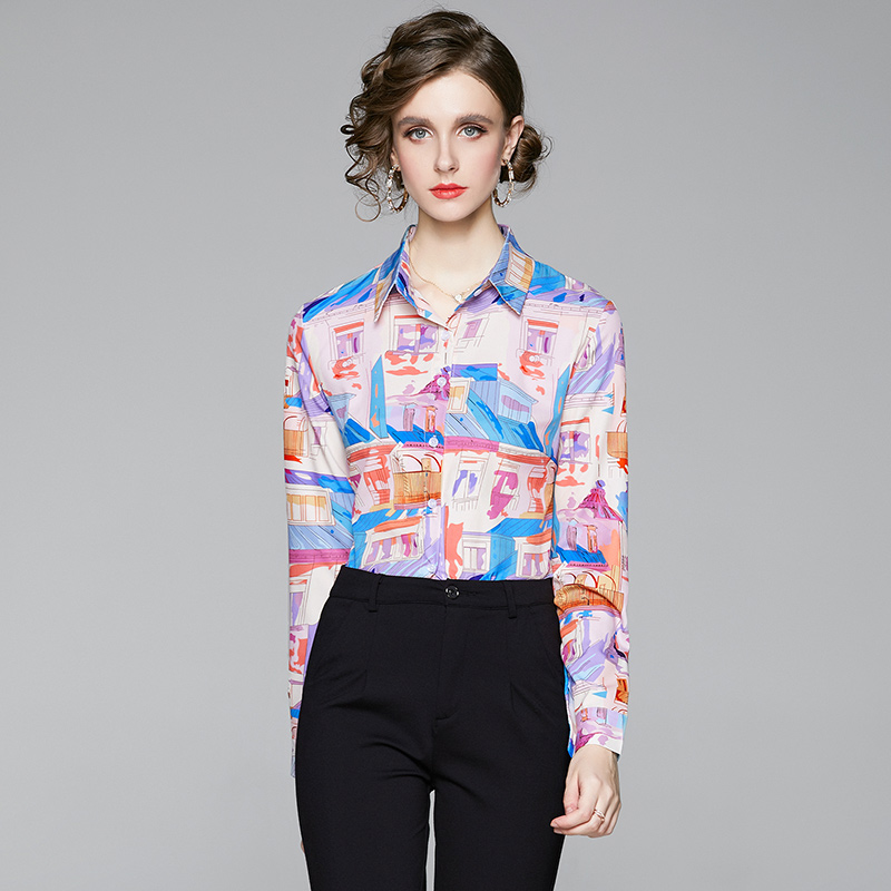 Slim fashion all-match printing pinched waist European style shirt