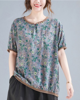 Cotton linen printing tops pocket floral T-shirt for women