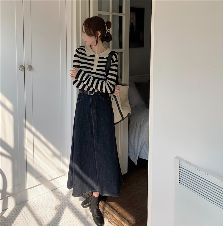 Stripe long sleeve sweater lapel denim skirt 2pcs set
