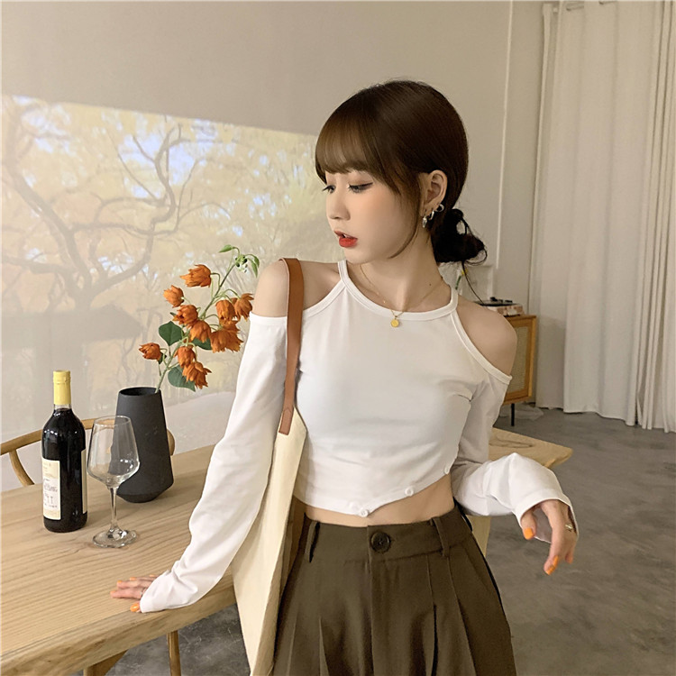 Pure long sleeve round neck strapless spring T-shirt