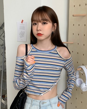 Pure long sleeve round neck strapless spring T-shirt