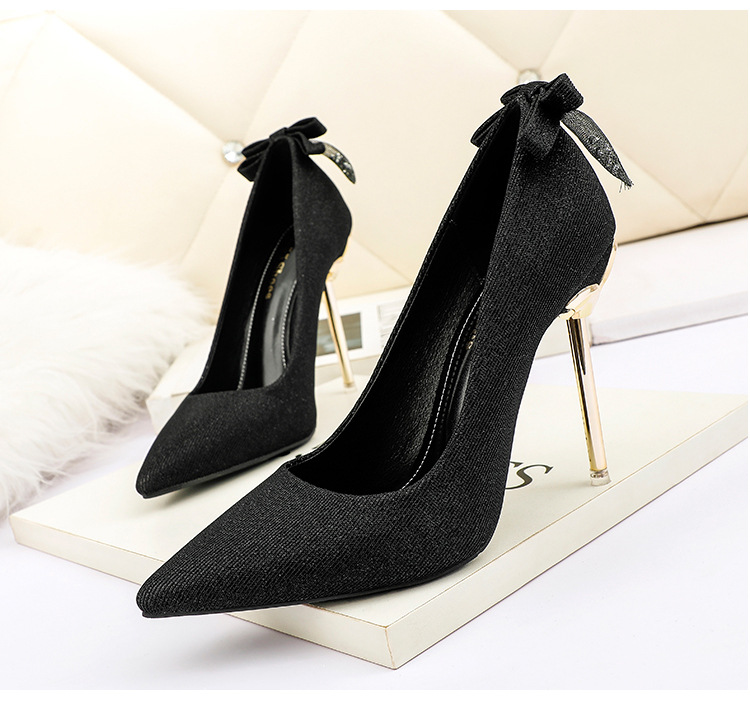 Pointed fine-root shoes metal bow high-heeled shoes for women