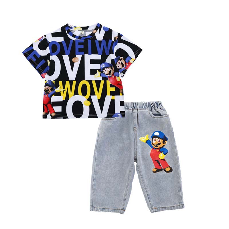 Short sleeve summer child letters boy jeans 2pcs set