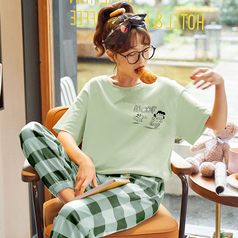 Natural lovely summer simple pajamas 2pcs set for women