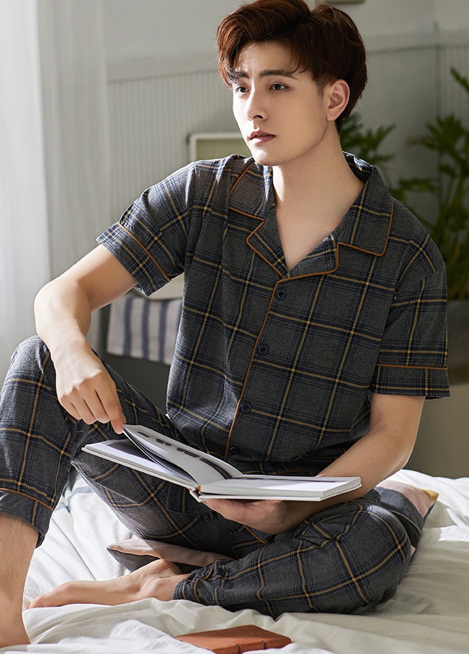 Short sleeve summer cardigan cotton pajamas 2pcs set for men