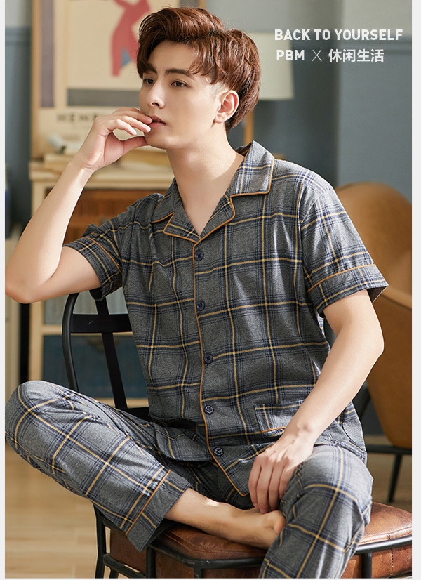 Short sleeve summer cardigan cotton pajamas 2pcs set for men