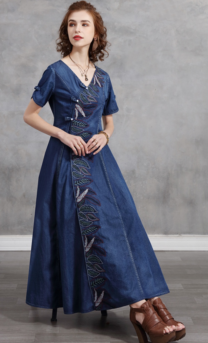 Retro embroidery summer long dress denim slim dress