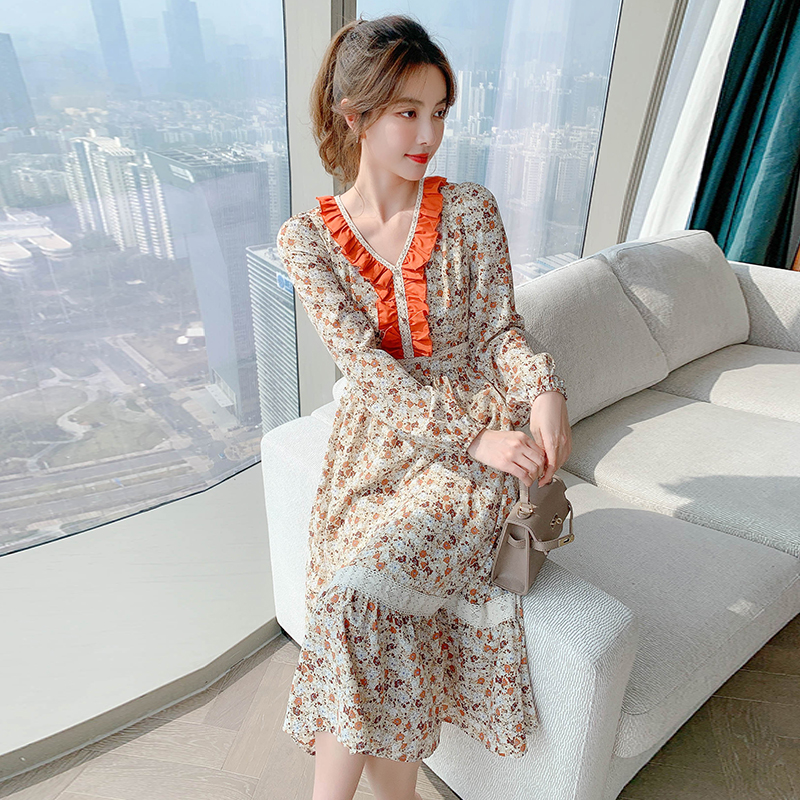 Spring exceed knee long floral retro France style dress