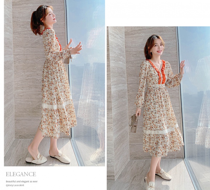 Spring exceed knee long floral retro France style dress