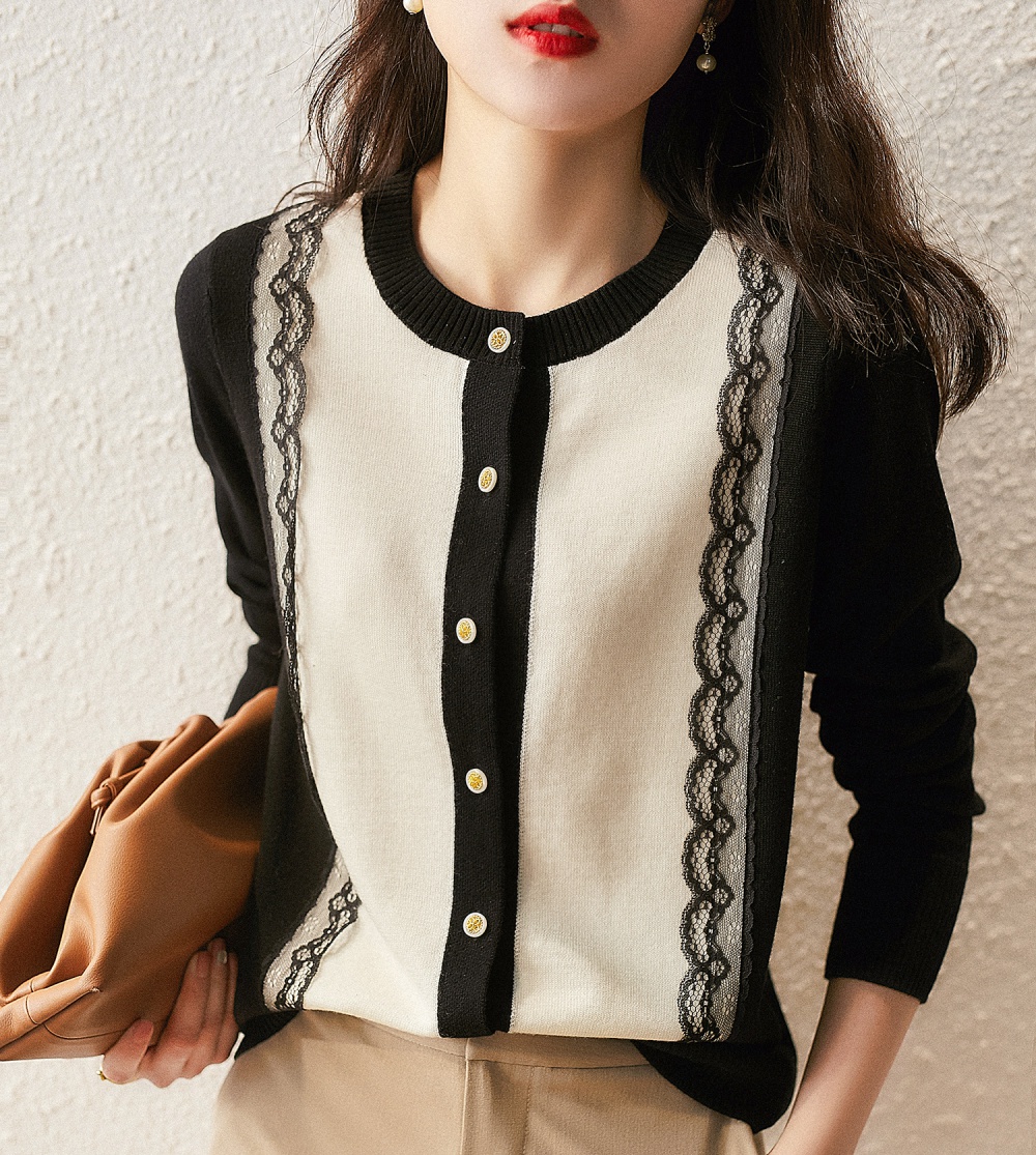 Knitted ornament lace elegant splice round neck cardigan